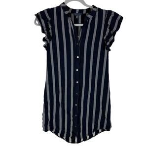 Lucky Brand Shirt Dress Womens XS Gray Blue Striped Cap Sleeve Button-Front